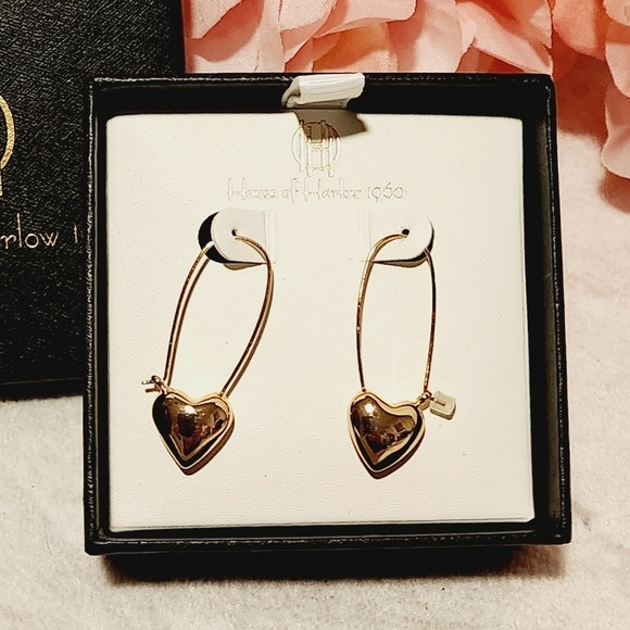 House of Harlow 1960 Gold Heart Safety Pin Earrings. - Picture 2 of 7